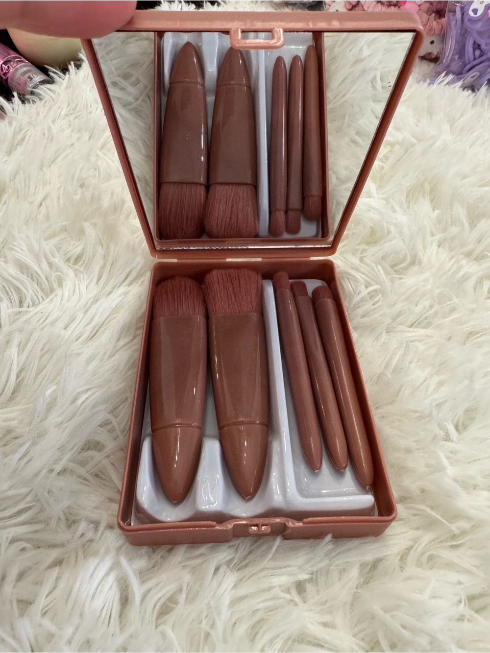 Compact Brown Makeup Brush Set with Mirror